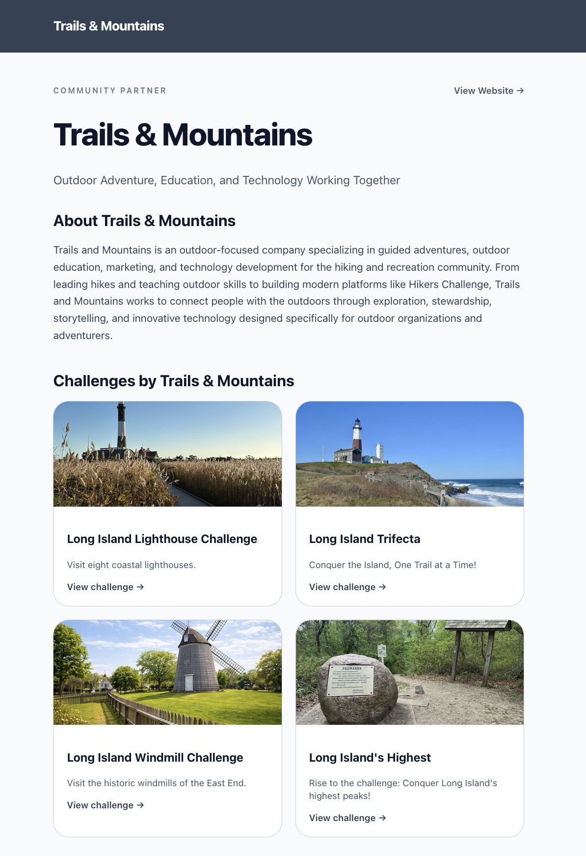Hikers Challenge organization portal preview